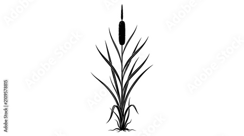 Foto Single cattail plant with a cylindrical brown flower spike and tall, upright green leaves is rendered as a clean black and white illustration on a plain white background