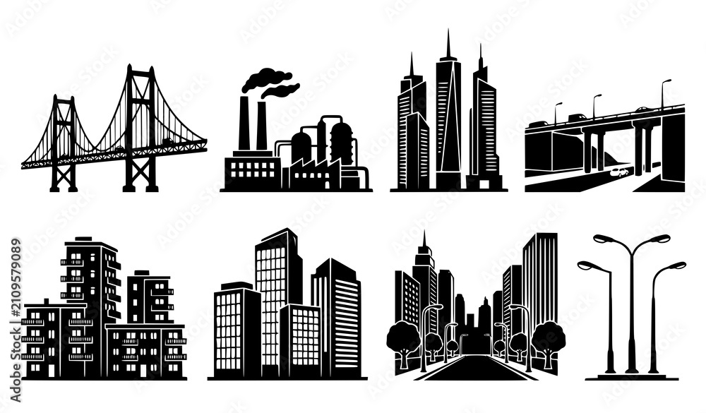 Obraz premium Modern Urban Infrastructure Silhouette Collection with Buildings Bridges and Streetlights