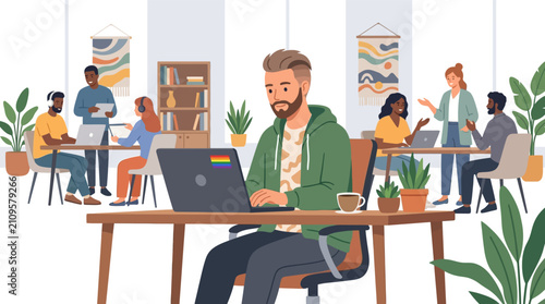Diverse non-binary software developer coding on laptop in busy modern coworking office space flat design vector illustration