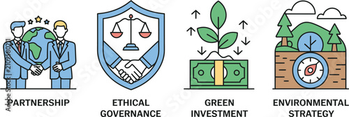 Business icons with partnership, ethical governance, green investment, strategic planning, corporate leadership, financial growth, and sustainable business concepts, vector, designs.