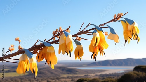 Yellow Kowhai flowers on tree branch. New Zealand native flora against clear blue sky.