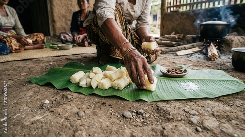 Preparing traditional food on banana leaf in rural village, Asia
