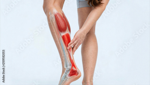 Medical illustration of calf muscle strain and Achilles tendon pain on a woman's leg.