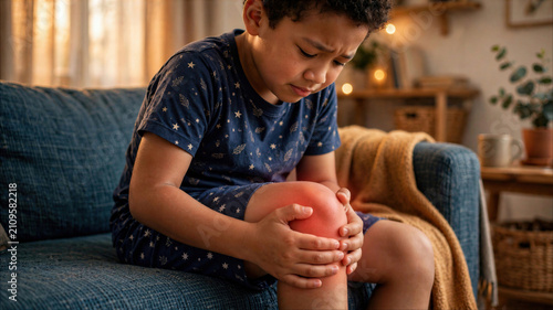Young boy at home holding painful inflamed knee with red glow effect indicating joint injury or growing pains