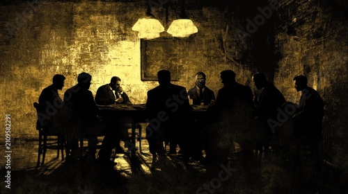 Silhouetted men in suits around a table in a dimly lit room.