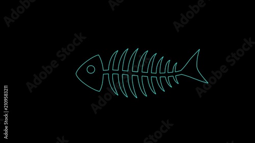 Glowing neon line Fish skeleton icon isolated on black background. Fish bone sign. 4K Video motion graphic animation.