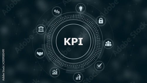 Digital circular interface displaying the text kpi surrounded by various business including a bank padlock handshake and bar charts on dark background