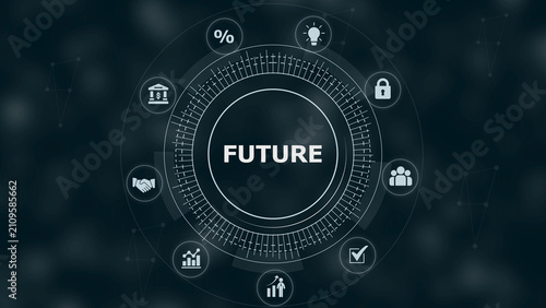 Digital interface with the word future displayed in the center surrounded by circular representing business strategy and data analysis concepts