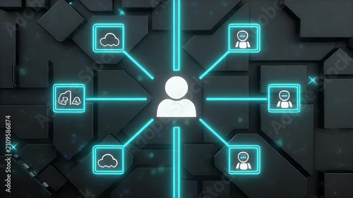 Conceptual 3D Illustration of a Digital Human Network Connecting Cloud Services and User Profiles in Cyber Space