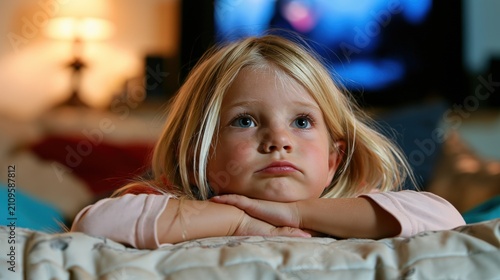 Petite fille blonde allongée regardant la télévision dans un salon