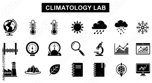 Bild auf Leinwand Diverse set of monochrome icons illustrating tools and phenomena for climatology, weather, and environmental science research and study