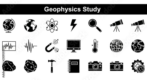 Fotografi Collection of black and white icons representing various concepts in geophysics and scientific study, including celestial bodies, natural phenomena, and research tools