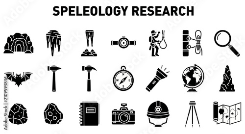 фотографія A comprehensive set of black and white icons representing various tools, equipment, and natural elements associated with speleology research and cave exploration