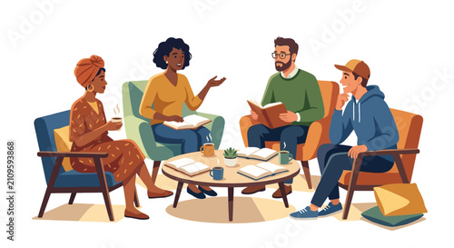 Diverse multicultural book club group discussing literature while sitting in a cozy circle flat vector illustration.