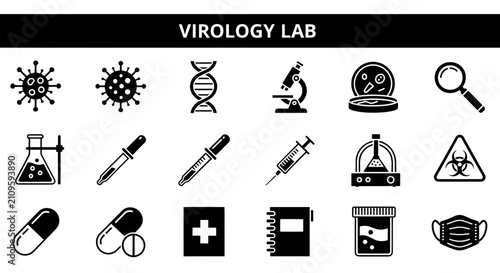 Cuadro en lienzo A comprehensive set of black and white icons representing various tools, elements, and concepts found in a virology laboratory, including viruses, DNA, and medical supplies