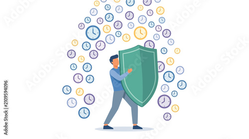 Man holding giant shield protecting himself from falling clocks time management concept flat design vector illustration