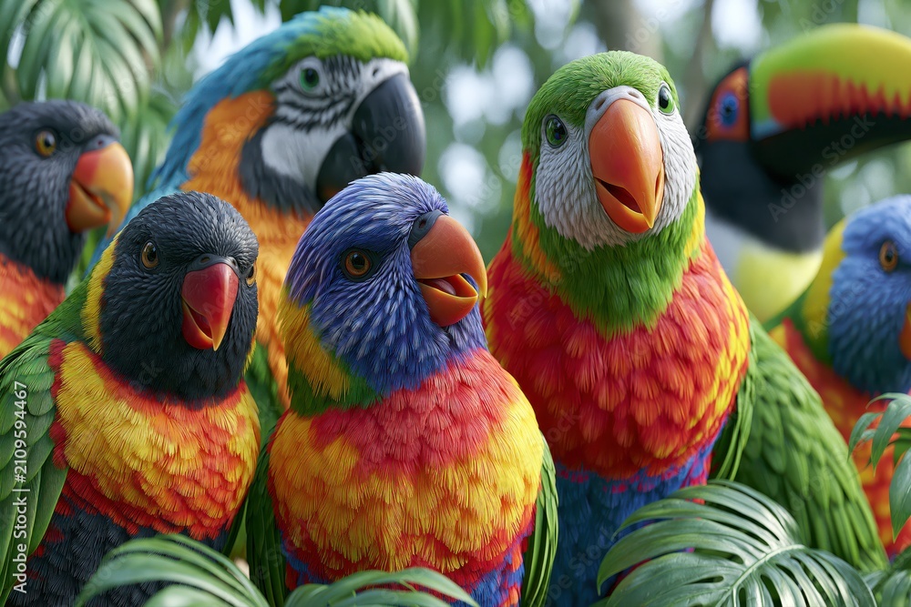 Fototapeta premium Vibrant flock of colorful parrots and toucans gathered closely together amidst lush green foliage.