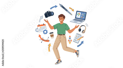Young male freelancer juggling camera laptop and creative icons representing multitasking productivity flat vector illustration.