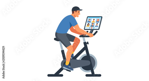 Young man cycling on stationary bike while attending virtual video conference call flat vector illustration.
