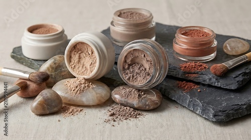 Loose mineral makeup powder in small glass jars with professional cosmetic brushes on stone plates. easy eyeshadow looks