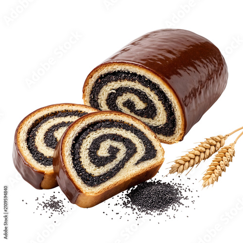 Poppy Seed Roll Cake with Chocolate Glaze, Sliced and Whole, Isolated