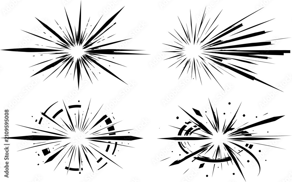 Fototapeta premium Comic book action explosion effects vector set with dynamic speed lines and bursting starburst graphic elements