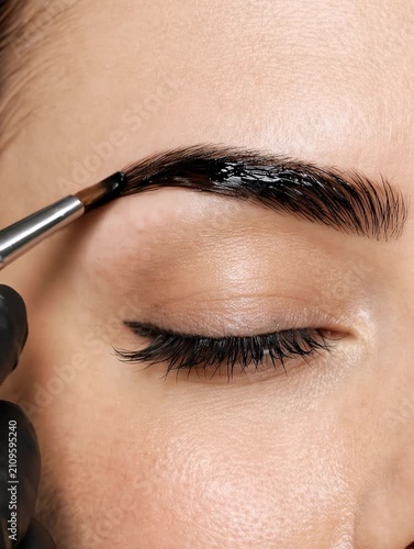 Eyebrow tint application with cosmetic brush during professional brow beauty treatment closeup