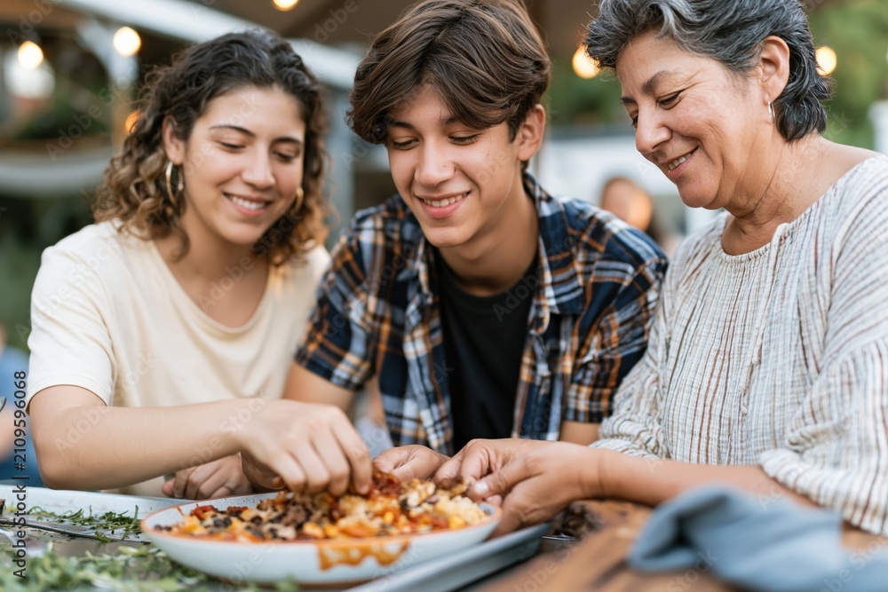 Obraz premium Multiethnic family with two mothers and a teenage son plating food together on a patio for a natural Latino household and dining feature