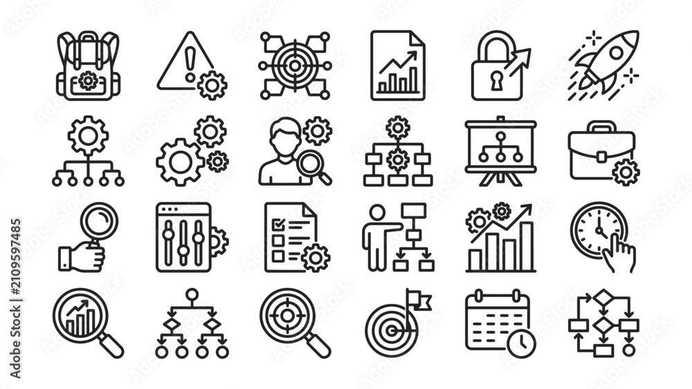 Fototapeta premium Collection of business strategy and management icons for workflow optimization and productivity tools