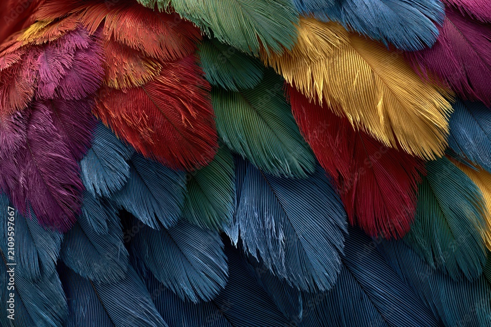 Obraz premium Close-up macro view of vibrant, colorful bird feathers layered in a beautiful, textured abstract background.