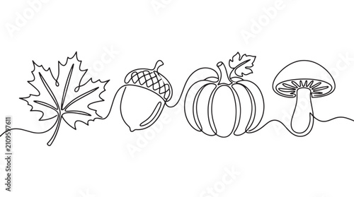Minimalist continuous line art of autumn elements, maple leaf and pumpkin with acorn and mushroom, fall harvest seasonal vector illustration