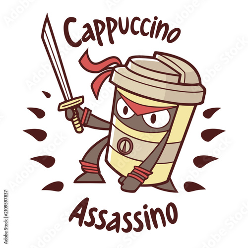 Obraz na plátne Cappuccino assassino ninja cup holding sword cartoon character with red ribbon and coffee beans around, funny mascot for coffee shop