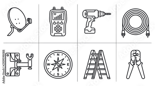 Satellite dish installation tools and equipment outline icons simple vector design