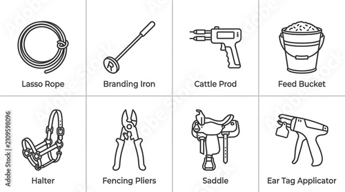 Set of ranching and farming tools outline icons simple vector design for agriculture