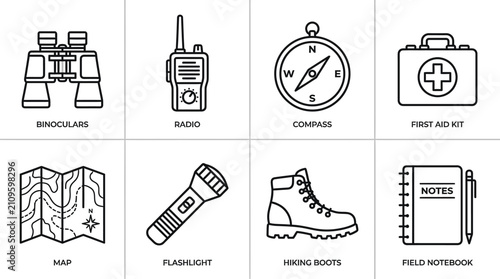 Set of outdoor adventure gear icons minimalist line art vector design for camping
