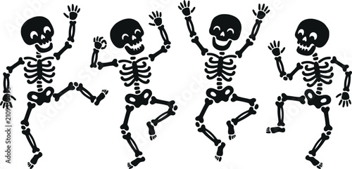 Foto Group of happy dancing skeletons celebrating a fun halloween party