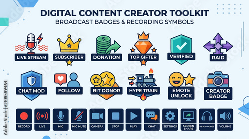 Fotografie Set of digital content creator badges and recording symbols for streaming and social media