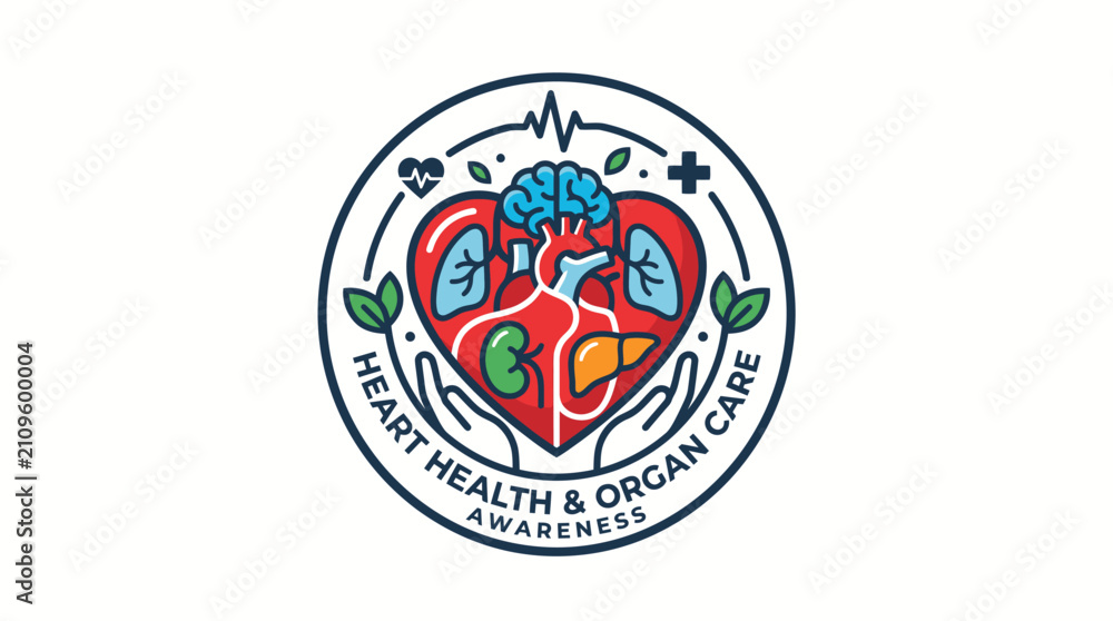Fototapeta premium Circular medical logo showing internal organs inside a heart held by hands for healthcare awareness and education on white background