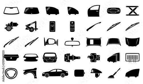 Automotive Exterior Parts and Power Window Mechanism Silhouette Vector Collection with Windshield Door Motor and Wiper