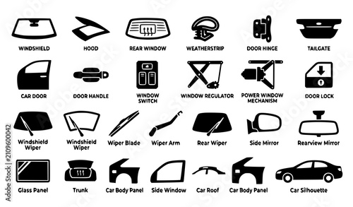Car Window and Exterior Parts Black Silhouette Vector Icon Set with Windshield Regulator Motor Door and Wiper