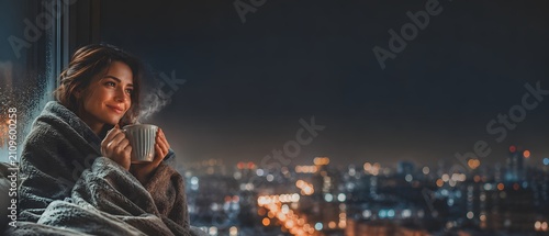 Beautiful young woman wrapped in cozy blanket holding steaming mug of hot tea by wet window looking at night city lights, hygge lifestyle concept with copy space, generative AI