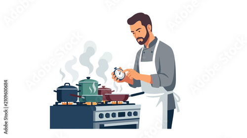 Professional male chef managing multiple cooking pots and checking timer in kitchen flat design vector illustration