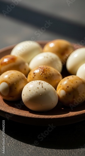 Quail eggs on wooden plate
