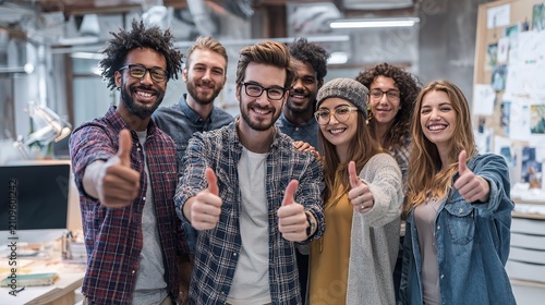 Diverse team of young professionals giving thumbs up in a bright, modern office space, showing unity and success.