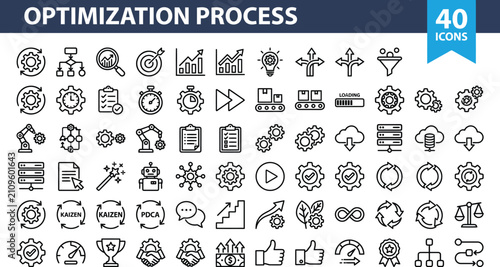 Optimization process vector icons set for business workflow automation efficiency improvement kaizen and continuous growth
