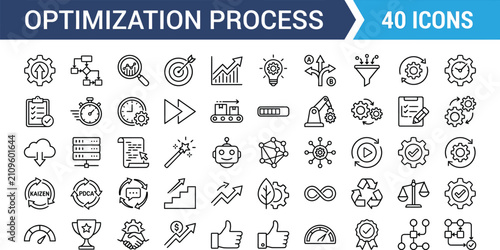 Optimization process vector icons set for business workflow automation efficiency improvement kaizen and continuous growth