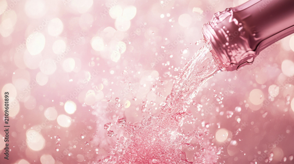 Fototapeta premium Pink Champagne Bottle with Bubbles on Sparkling Background