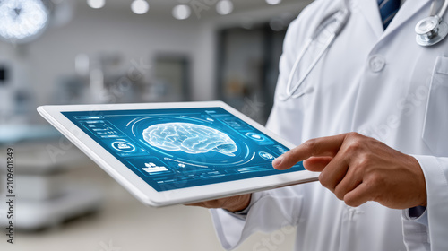 Doctor Reviewing Medical Brain Scan Results on Tablet in Hospital