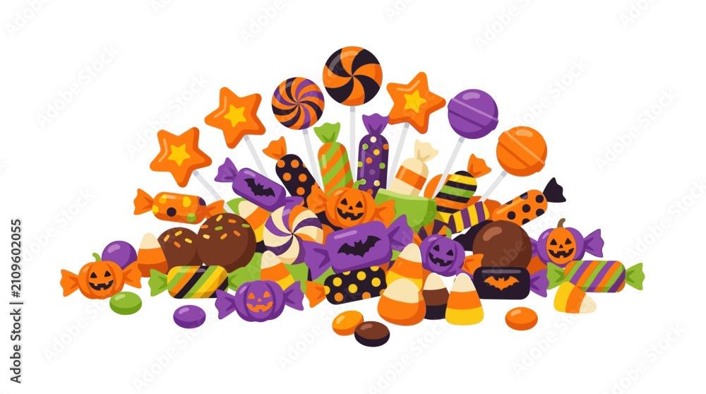 Fototapeta premium Colorful Pile of Assorted Halloween Candies and Sweets for Trick or Treat Party Flat Vector Illustration
