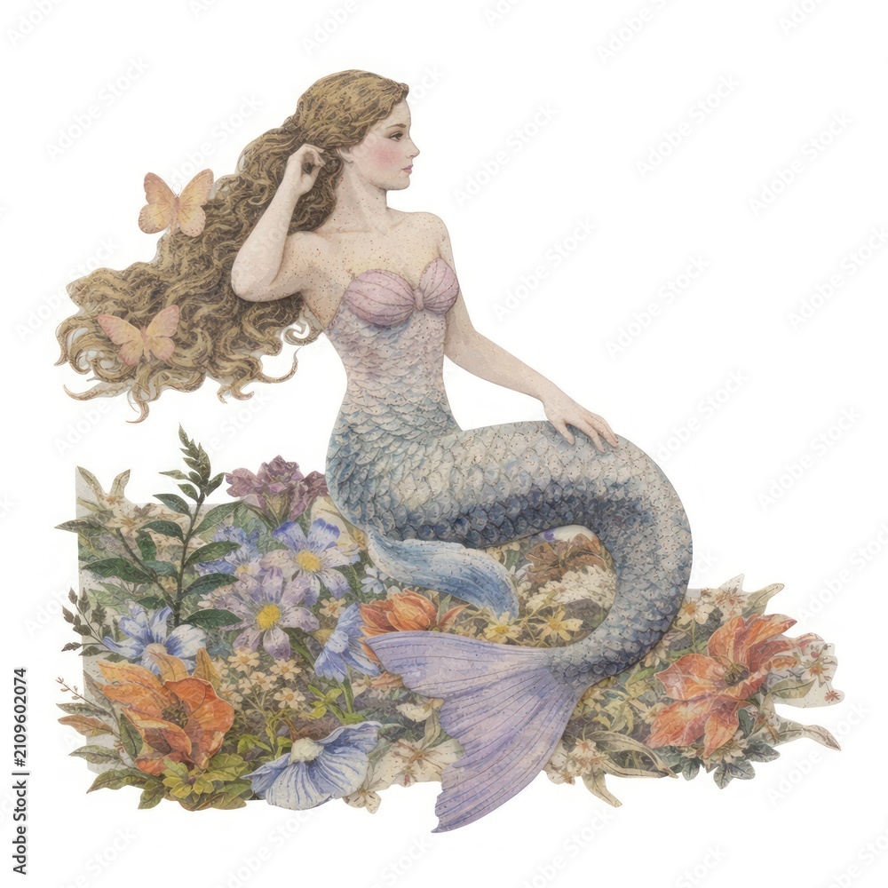 Fototapeta premium Enchanting mermaid amidst vibrant flowers.
